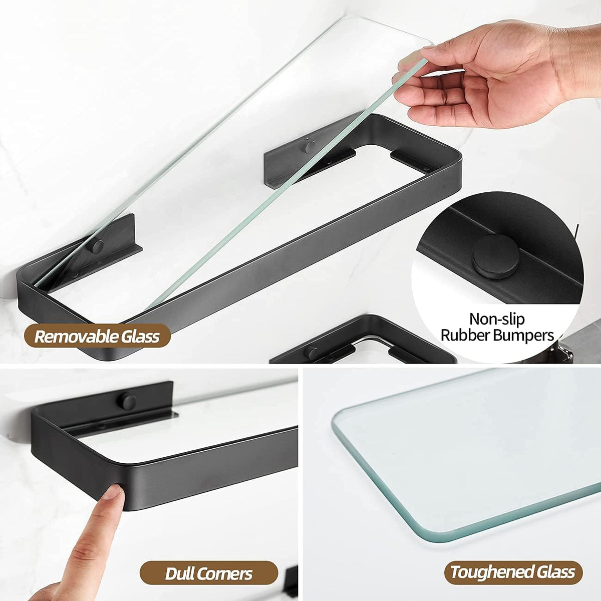 VOLPONE Bathroom Shelves Wall Mounted Glass Shelf for Floating Shelf Tempered Glass Shelves 2 Tier Bathroom Wall Organizer(Black)