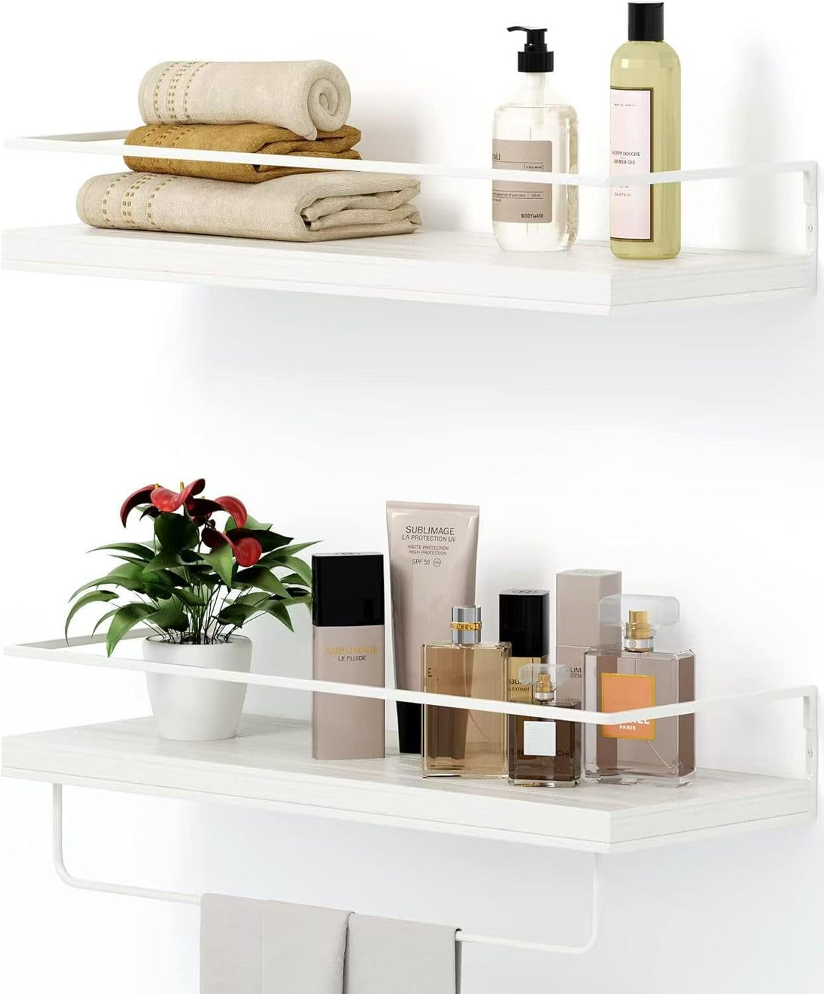 Shario White Floating Shelves - Set of 2, Wall Mounted Hanging Shelves with Golden Towel Rack, Decorative Storage Shelves for Bathroom, Kitchen, Living Room & Bedroom (White Gold, 15.7 Inches)