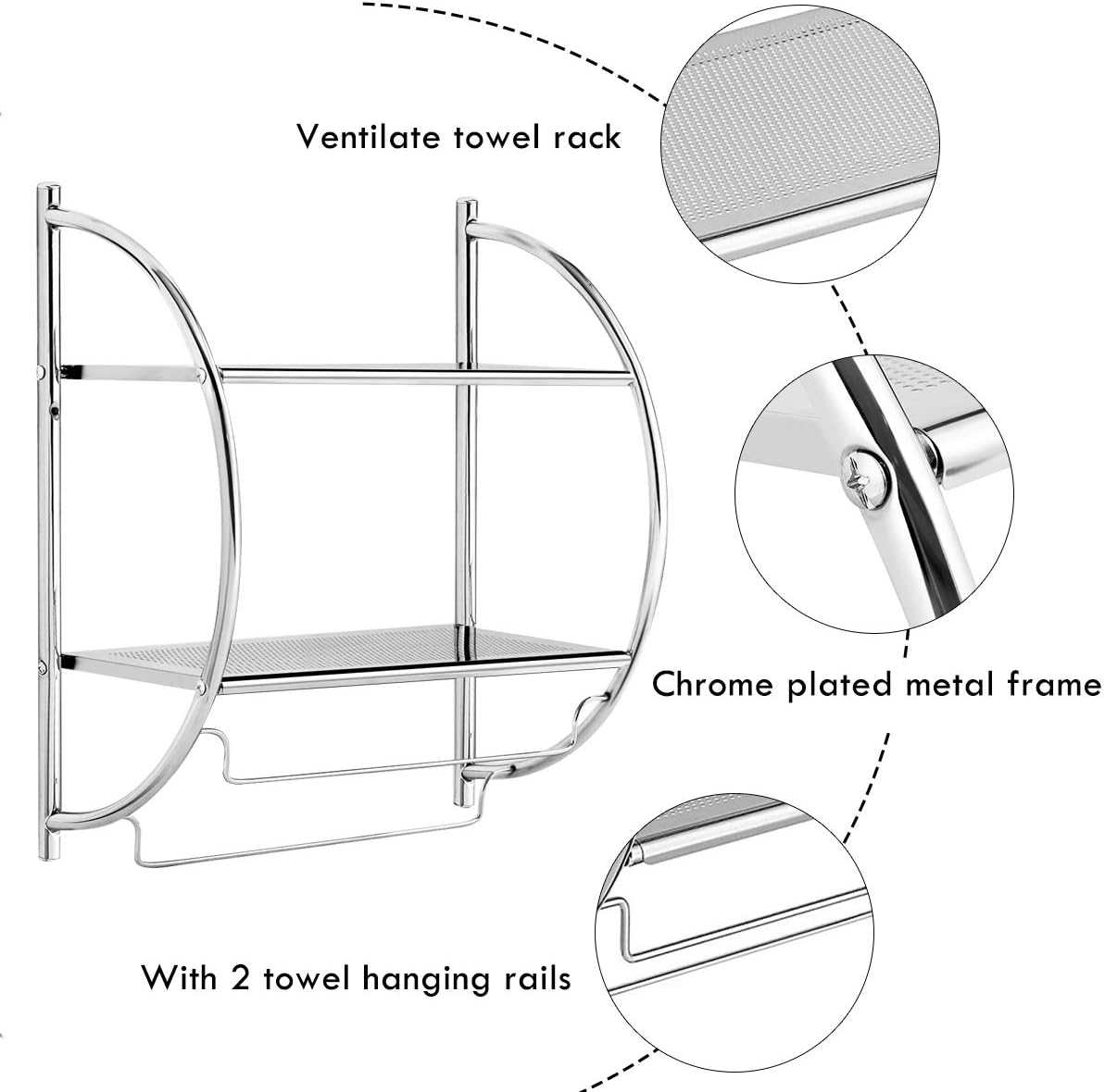 Tangkula Wall Mount 2-Tier Chrome Bathroom Shelf, 18" W x 10" D x 22" H