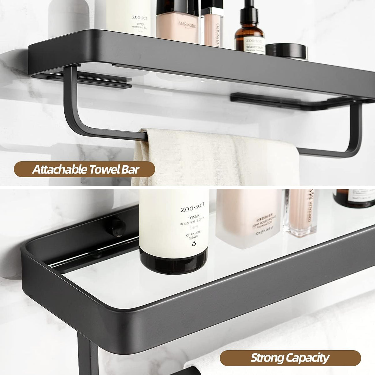 VOLPONE Bathroom Shelves Wall Mounted Glass Shelf for Floating Shelf Tempered Glass Shelves 2 Tier Bathroom Wall Organizer(Black)