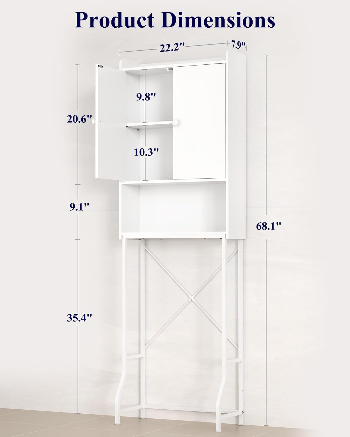 Kitsure 68.1"H Over Toilet Storage Cabinet, Magnetic Door, Adjustable Shelf