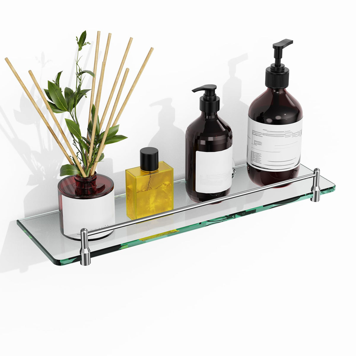 Glass Bathroom Shelves,Brushed Nickel Floating Shelves for Wall Rectangular Modern Stainless Steel Glass Shelf for Bathroom Shelves wall Mounted 16 Inch