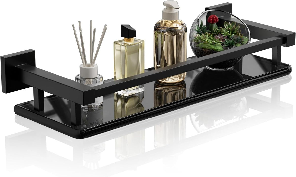 Alise Glass Shelf for Bathroom 16 Inch, Matte Black Floating Glass Shelf