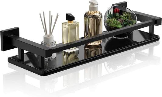 Alise Glass Shelf for Bathroom 16 Inch, Matte Black Floating Glass Shelf
