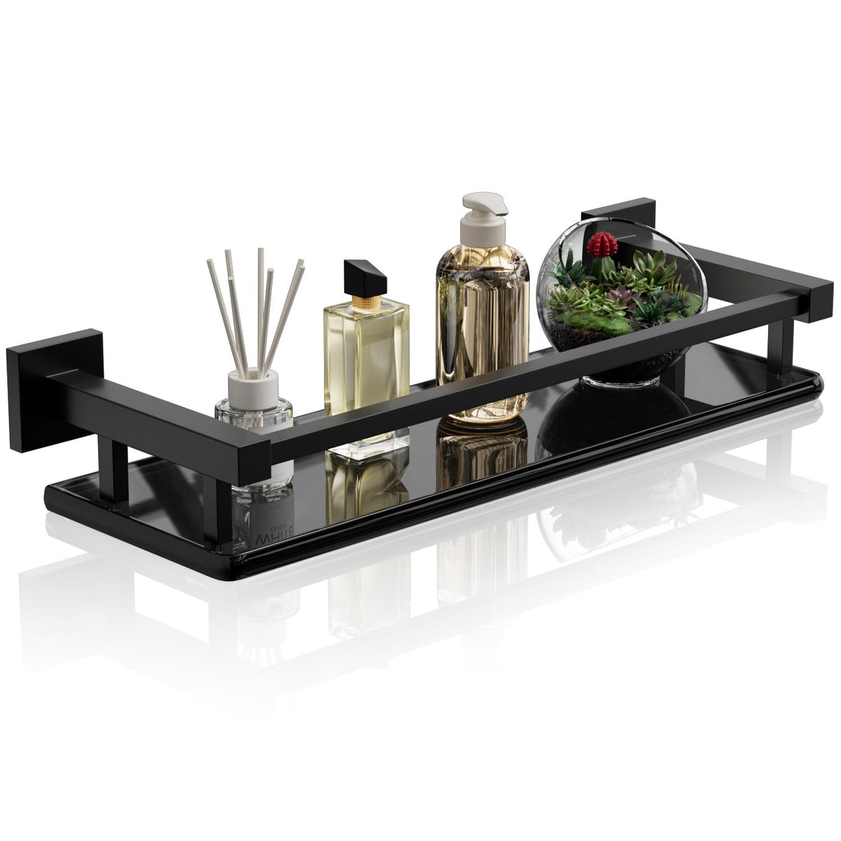 Alise Glass Shelf for Bathroom 16 Inch, Matte Black Floating Glass Shelf