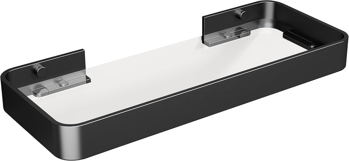 Danpoo 12-Inch Wall Shelf, Clear Tempered Glass with Matte Black Aluminum Frame – Versatile Floating Bathroom Organizer