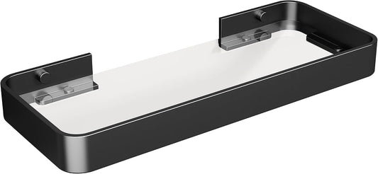 Danpoo 12-Inch Wall Shelf, Clear Tempered Glass with Matte Black Aluminum Frame – Versatile Floating Bathroom Organizer