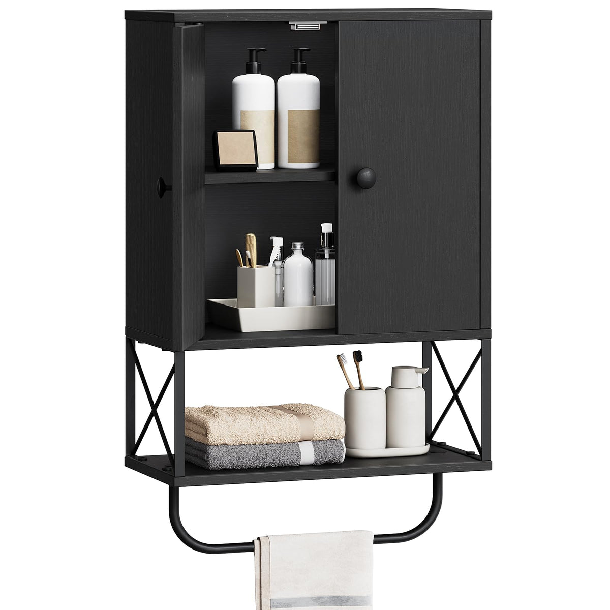 MAHANCRIS Bathroom Wall Cabinet with 2 Door and Adjustable Shelf, Farmhouse Medicine Cabinet with Towel Rack, 3-Tier Wall Mounted Storage Cabinet Over The Toilet for Bathroom Laundry Room, White