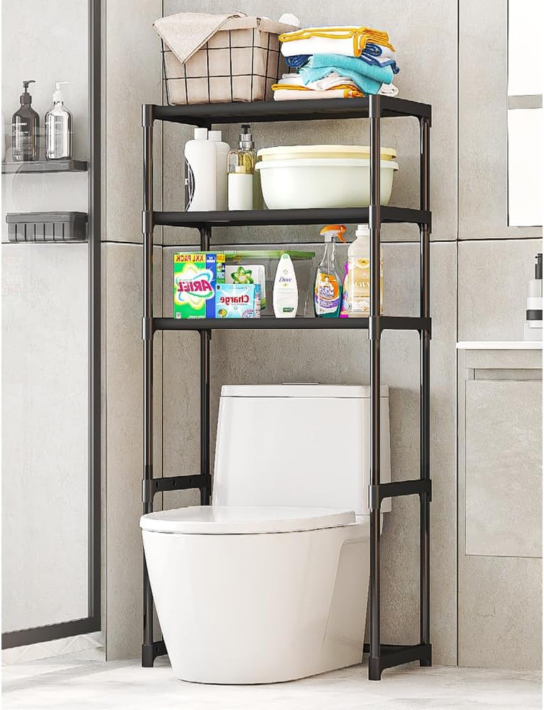 Over the Toilet Storage Cabinet, 3-Tier Metal Bathroom Organizer Shelf, Stable Freestanding Above Toilet Shelf for Bathroom, Laundry, Balcony, Space Saver(Black)