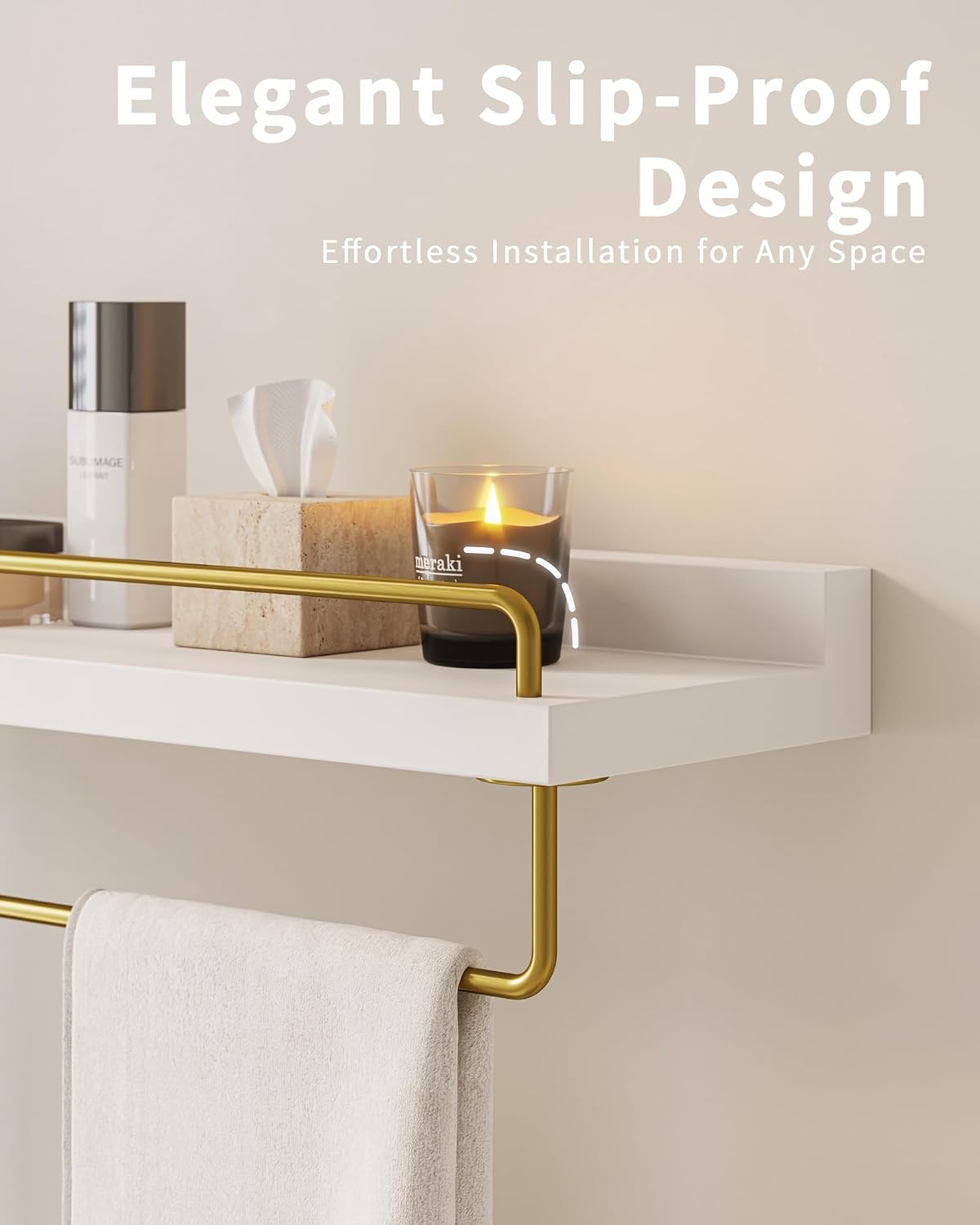 Seocry Bathroom Shelves, Wall Shelf Set of 3, Floating Shelves, Shelves for Room Wall, Bathroom Decor (White Gold, 15.7 Inches)