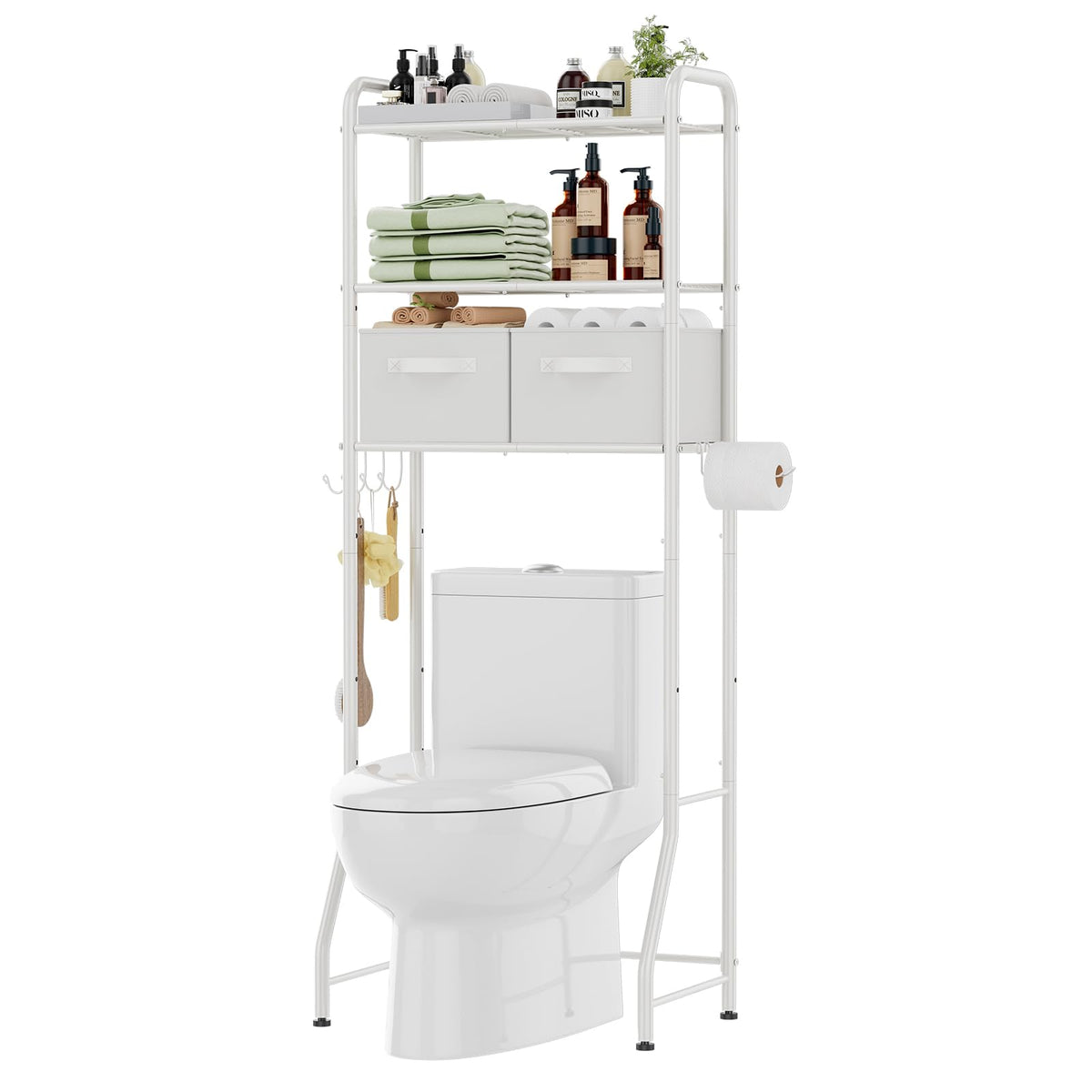 Simple Trending Over The Toilet Storage Rack, Metal 3 Tier Bathroom Organizer Shelf with Paper Holder and 3 Hooks, Freestanding Shelf Space Saver Above Toilet, White