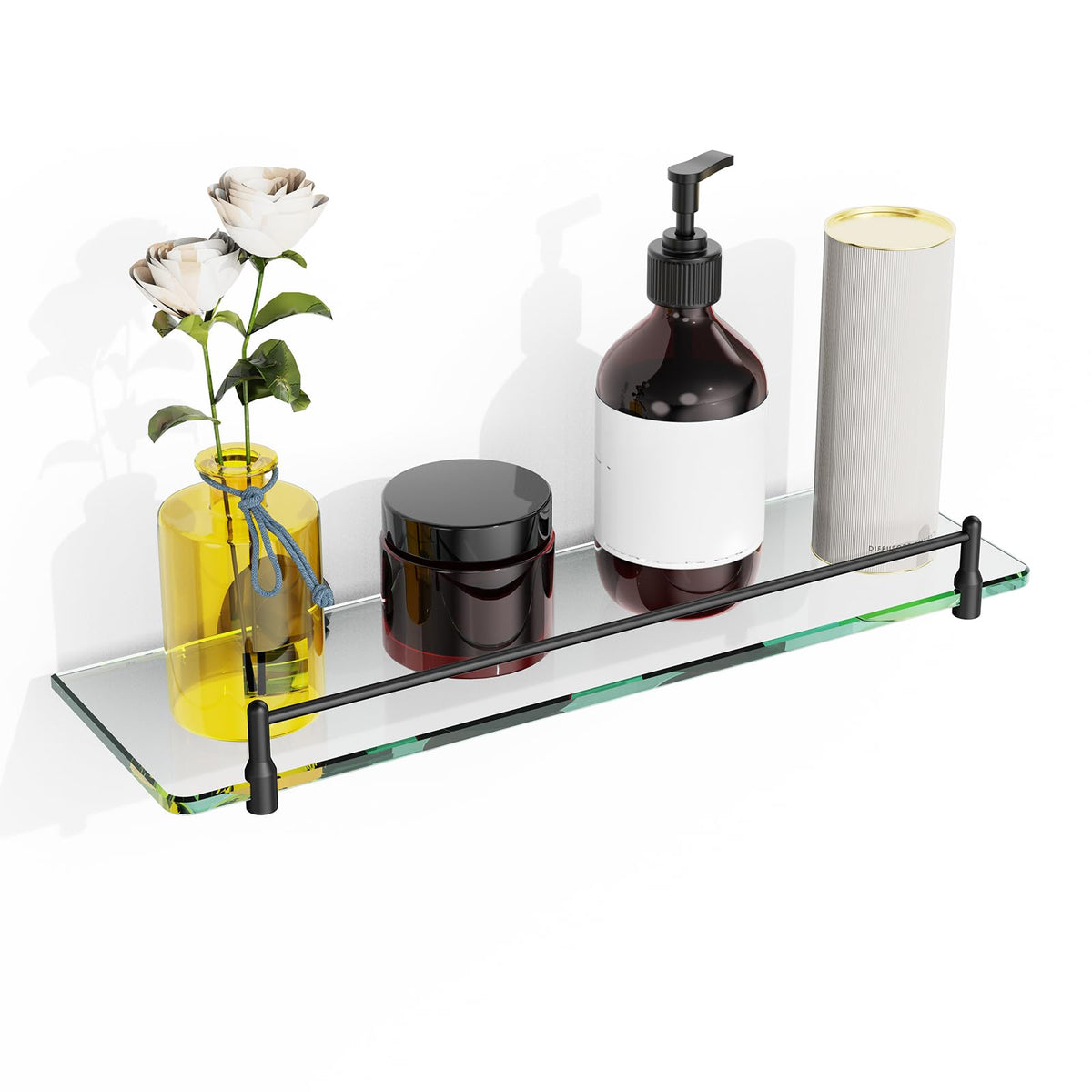 Glass Bathroom Shelves,Brushed Nickel Floating Shelves for Wall Rectangular Modern Stainless Steel Glass Shelf for Bathroom Shelves wall Mounted 16 Inch