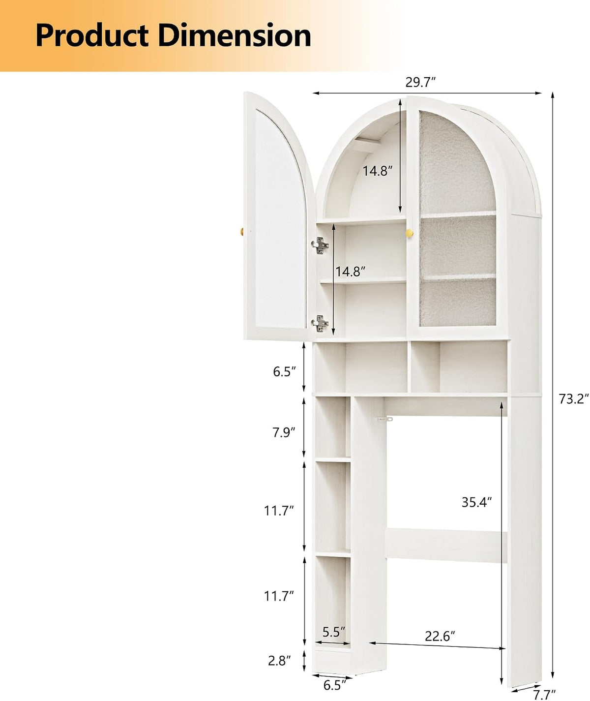 Over The Toilet Storage Cabinet, 29.7”W Modern Storage Cabinet Over Toilet with Acrylic Doors, Arched Freestanding Over Toilet Rack with Adjustable Shelf for Bathroom, White
