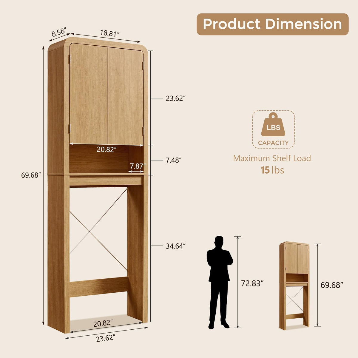 Over the Toilet Storage Cabinet, 69.69" Curved Bathroom Storage Organizer Cabinet with Doors and Adjustable Shelves, Wooden Free Standing Toilet Space Saver Rack, Natural