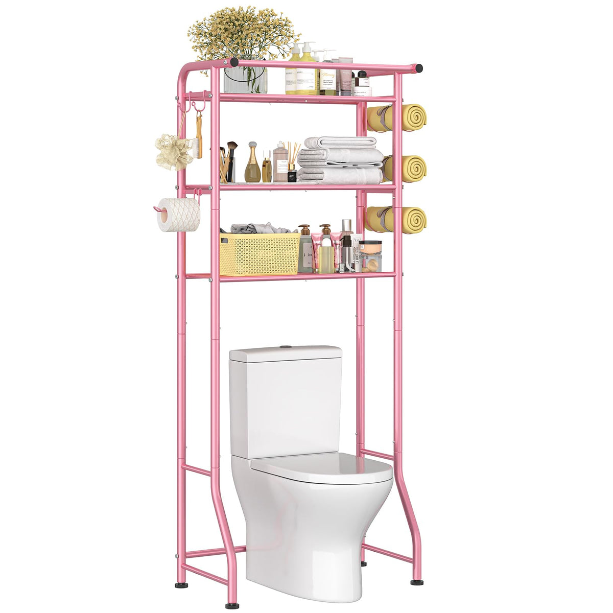 Simple Trending Over The Toilet Storage Rack, Metal 3 Tier Bathroom Organizer Shelf with Paper Holder and 3 Hooks, Freestanding Shelf Space Saver Above Toilet, White