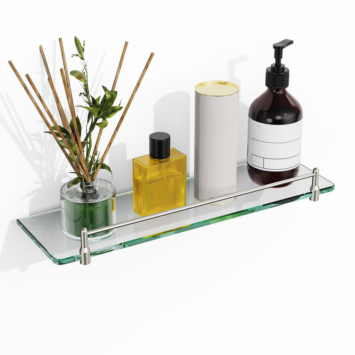 Glass Bathroom Shelves,Brushed Nickel Floating Shelves for Wall Rectangular Modern Stainless Steel Glass Shelf for Bathroom Shelves wall Mounted 16 Inch