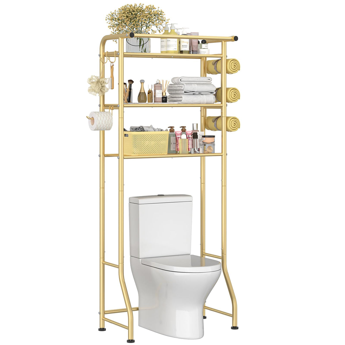 Simple Trending Over The Toilet Storage Rack, Metal 3 Tier Bathroom Organizer Shelf with Paper Holder and 3 Hooks, Freestanding Shelf Space Saver Above Toilet, White