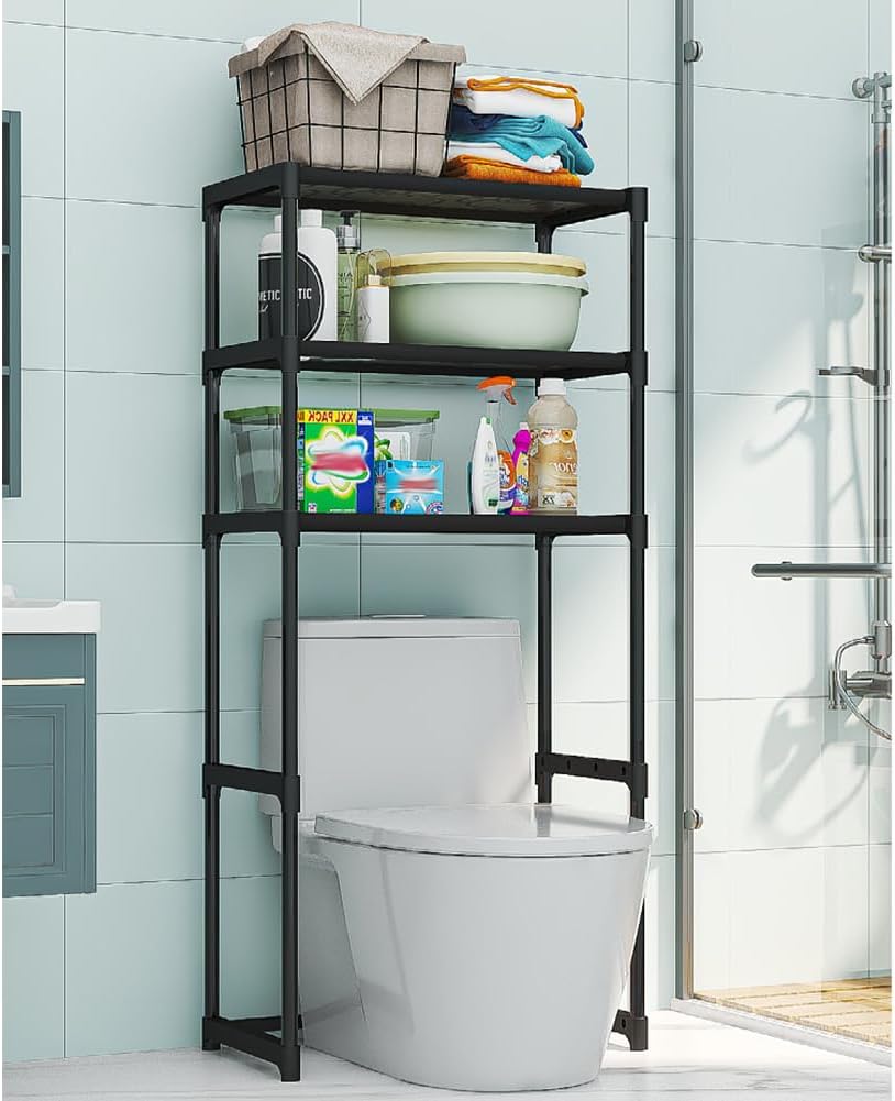 Over the Toilet Storage Cabinet, 3-Tier Metal Bathroom Organizer Shelf, Stable Freestanding Above Toilet Shelf for Bathroom, Laundry, Balcony, Space Saver(Black)