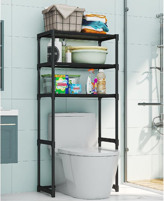 Over the Toilet Storage Cabinet, 3-Tier Metal Bathroom Organizer Shelf, Stable Freestanding Above Toilet Shelf for Bathroom, Laundry, Balcony, Space Saver(Black)