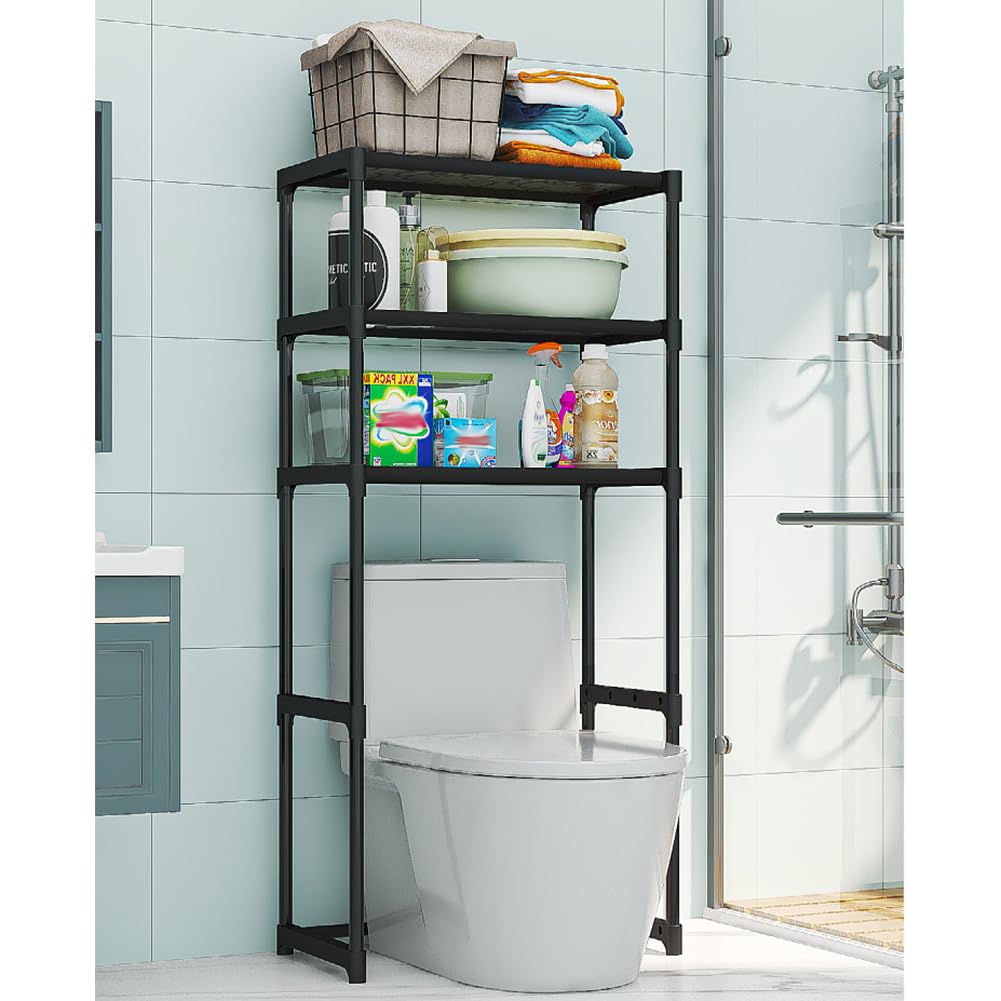 Over the Toilet Storage Cabinet, 3-Tier Metal Bathroom Organizer Shelf, Stable Freestanding Above Toilet Shelf for Bathroom, Laundry, Balcony, Space Saver(Black)