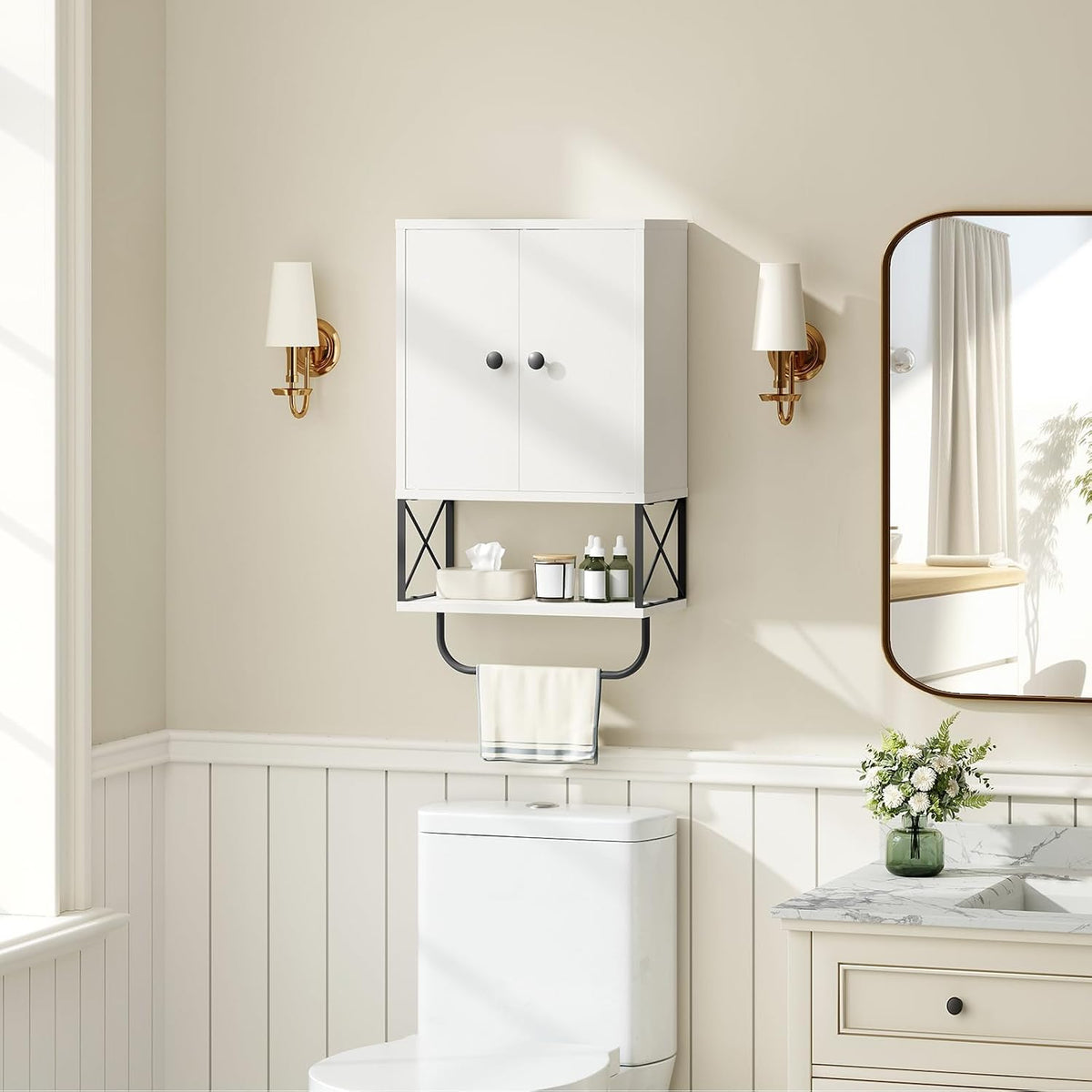 MAHANCRIS Bathroom Wall Cabinet with 2 Door and Adjustable Shelf, Farmhouse Medicine Cabinet with Towel Rack, 3-Tier Wall Mounted Storage Cabinet Over The Toilet for Bathroom Laundry Room, White
