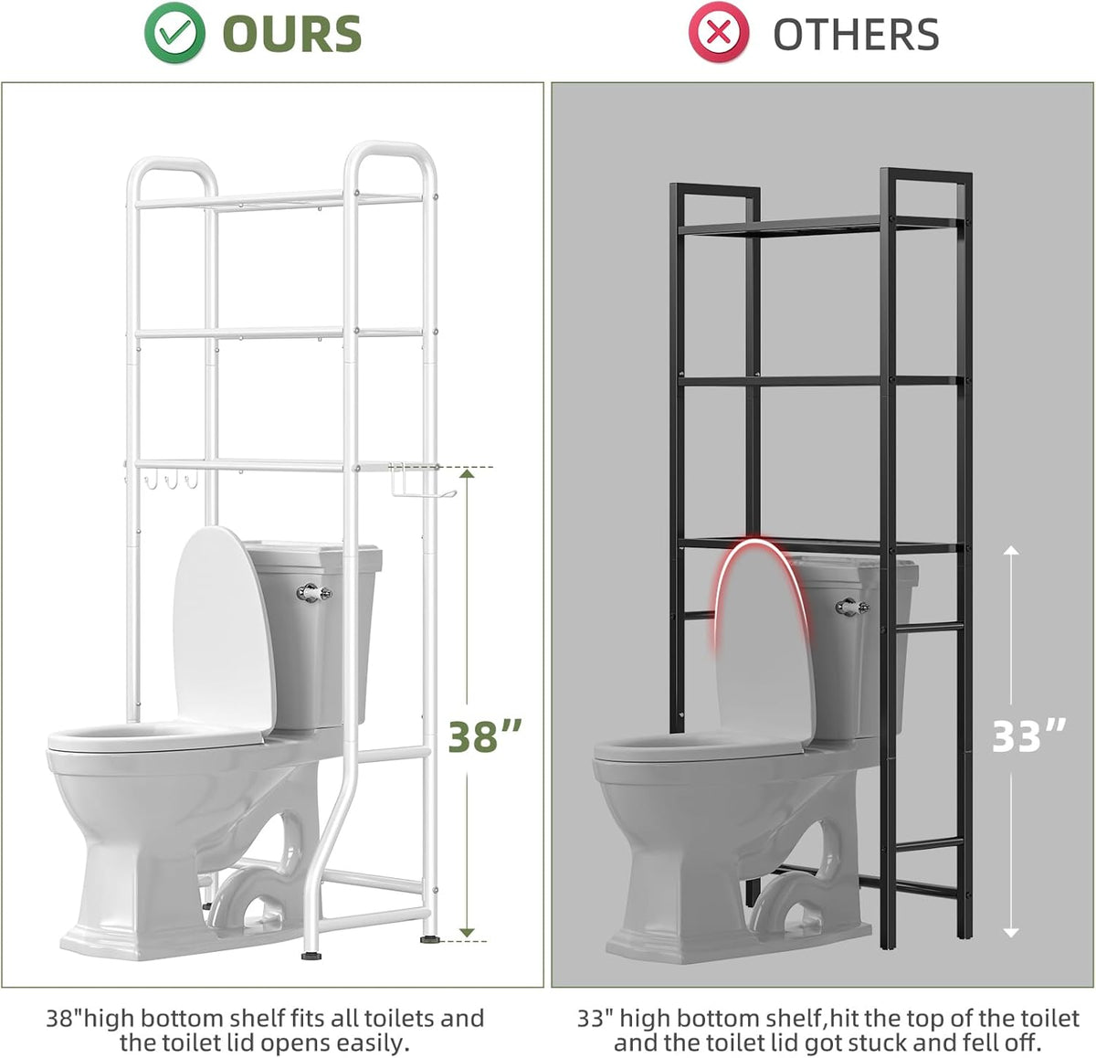 Simple Trending Over The Toilet Storage Rack, Metal 3 Tier Bathroom Organizer Shelf with Paper Holder and 3 Hooks, Freestanding Shelf Space Saver Above Toilet, White