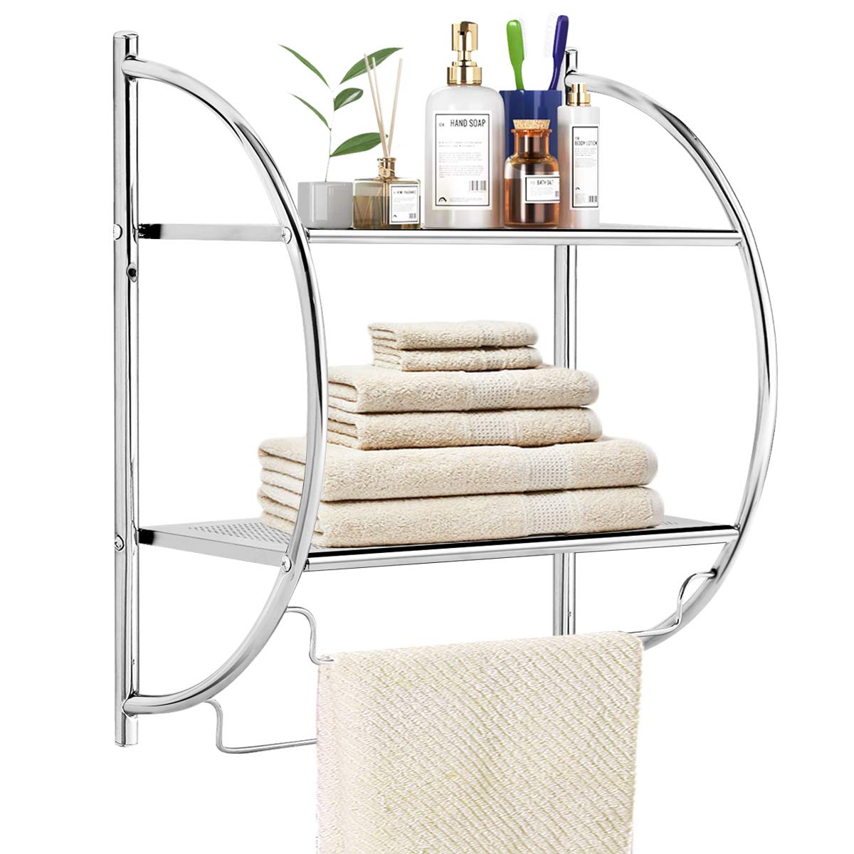 Tangkula Wall Mount 2-Tier Chrome Bathroom Shelf, 18" W x 10" D x 22" H