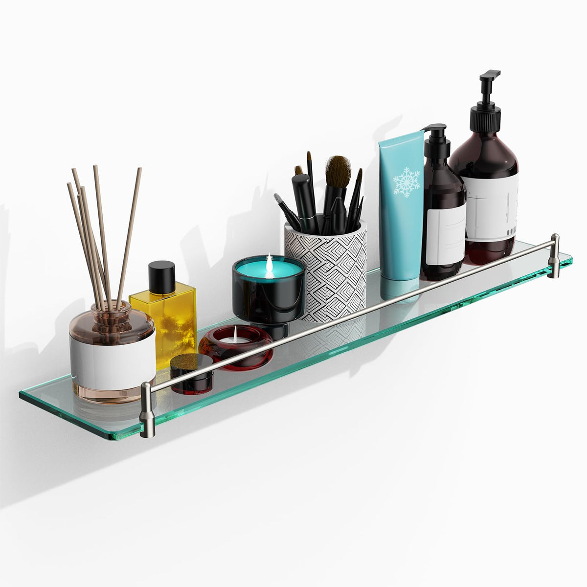 Glass Bathroom Shelves,Brushed Nickel Floating Shelves for Wall Rectangular Modern Stainless Steel Glass Shelf for Bathroom Shelves wall Mounted 16 Inch