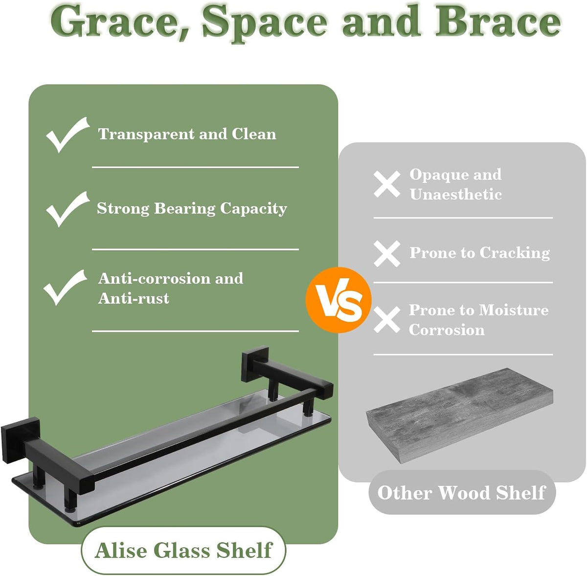 Alise Glass Shelf for Bathroom 16 Inch, Matte Black Floating Glass Shelf