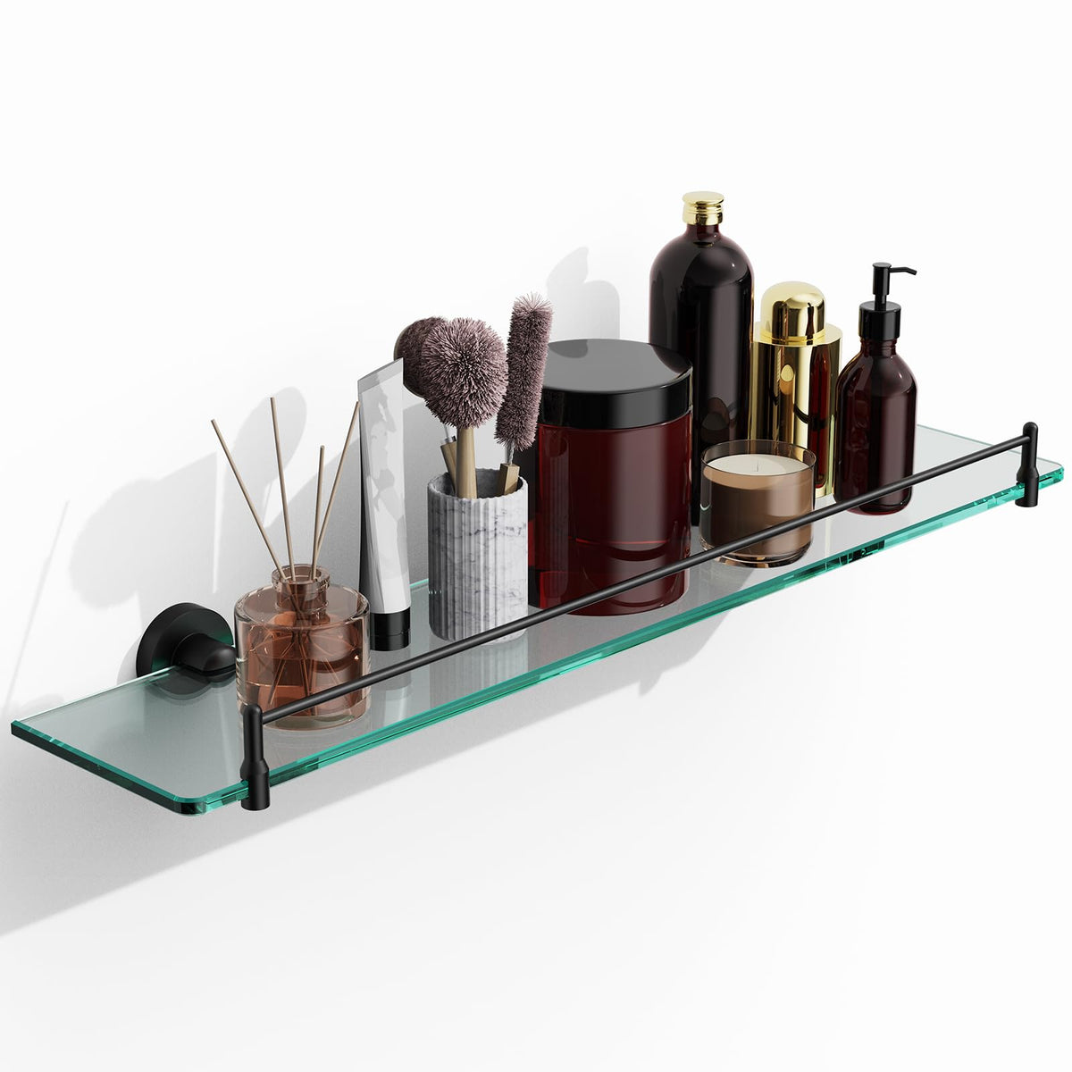 Glass Bathroom Shelves,Brushed Nickel Floating Shelves for Wall Rectangular Modern Stainless Steel Glass Shelf for Bathroom Shelves wall Mounted 16 Inch