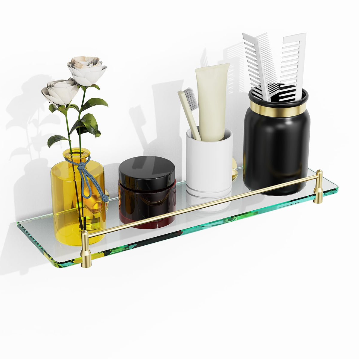 Glass Bathroom Shelves,Brushed Nickel Floating Shelves for Wall Rectangular Modern Stainless Steel Glass Shelf for Bathroom Shelves wall Mounted 16 Inch