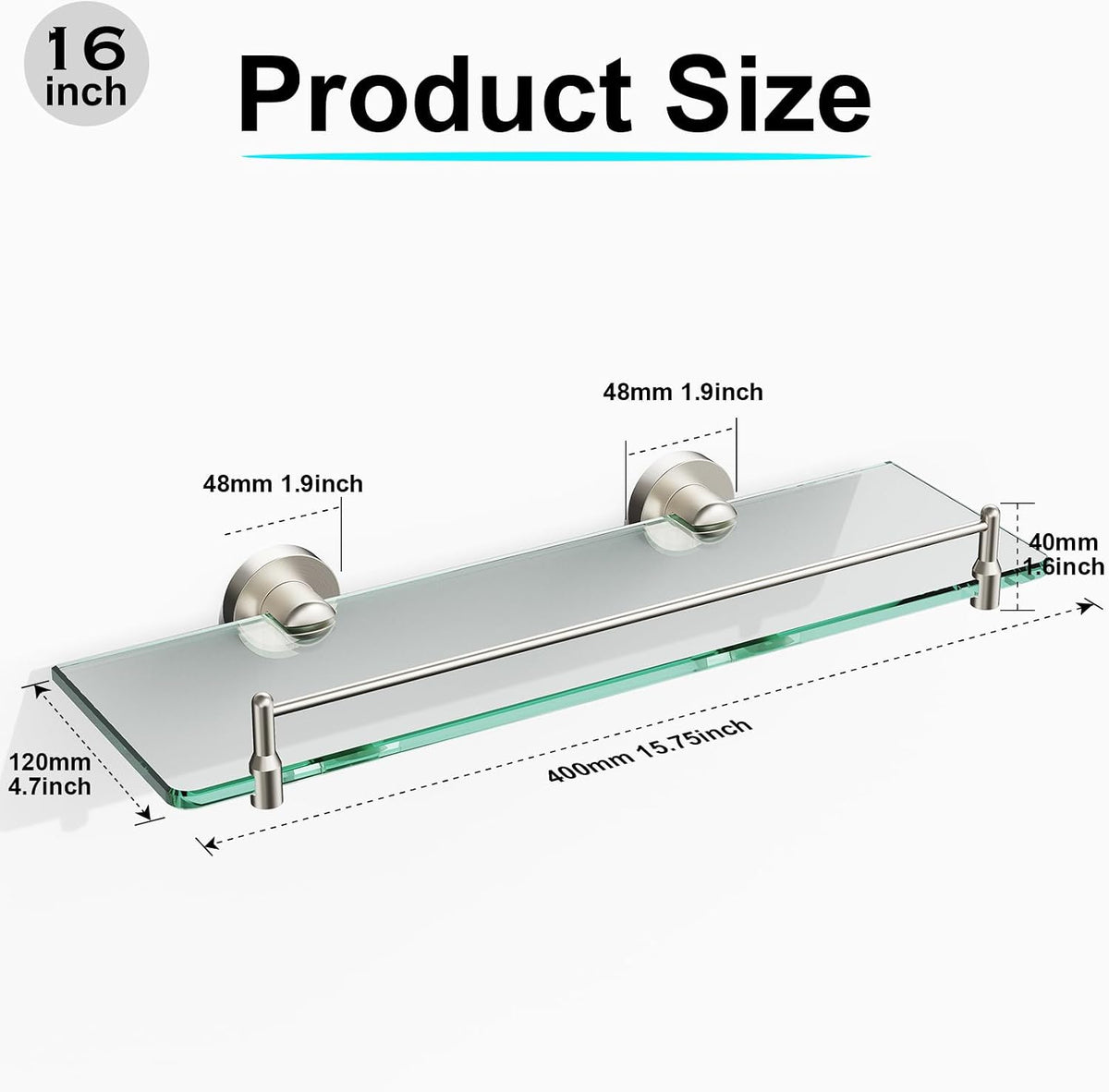 Glass Bathroom Shelves,Brushed Nickel Floating Shelves for Wall Rectangular Modern Stainless Steel Glass Shelf for Bathroom Shelves wall Mounted 16 Inch