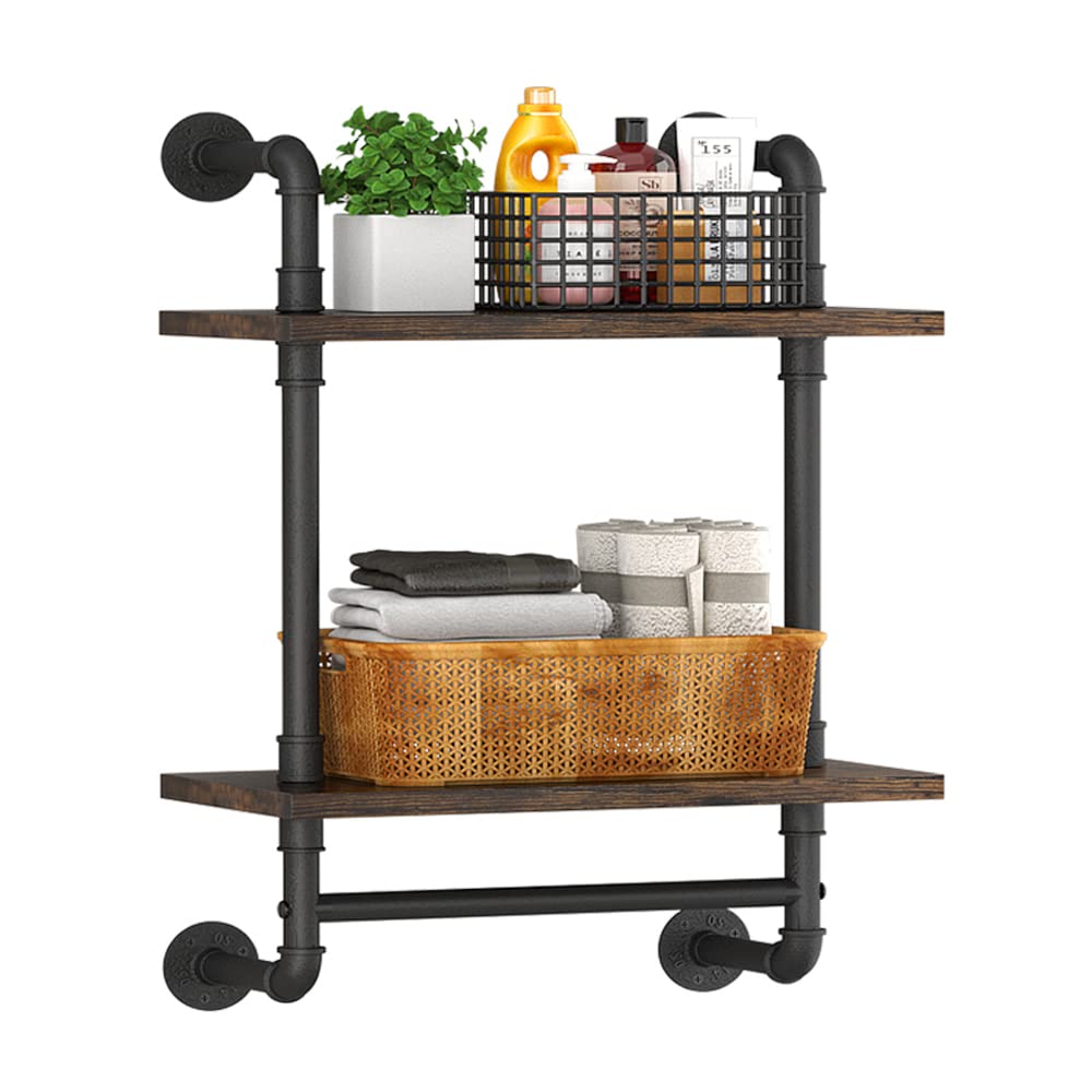 Helsin 2 Tier Industrial Pipe Floating Bathroom Shelves Wall Mounted with Towel Bar, Rustic Wood Wall Shelf, 16 Inch Metal Towel Rack Storage Bookshelf for Bathroom, Kitchen, Farmhouse, Living Room