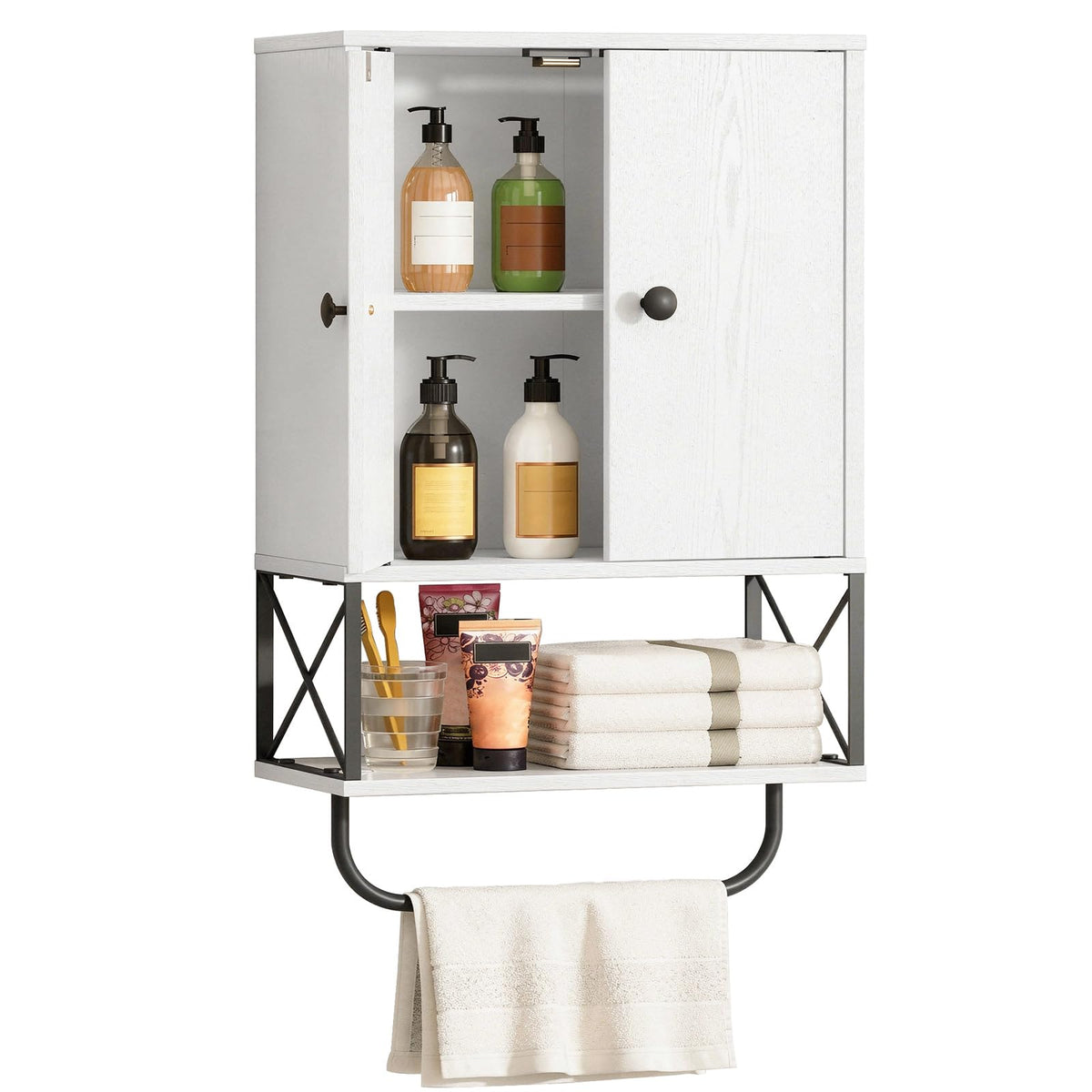 MAHANCRIS Bathroom Wall Cabinet with 2 Door and Adjustable Shelf, Farmhouse Medicine Cabinet with Towel Rack, 3-Tier Wall Mounted Storage Cabinet Over The Toilet for Bathroom Laundry Room, White