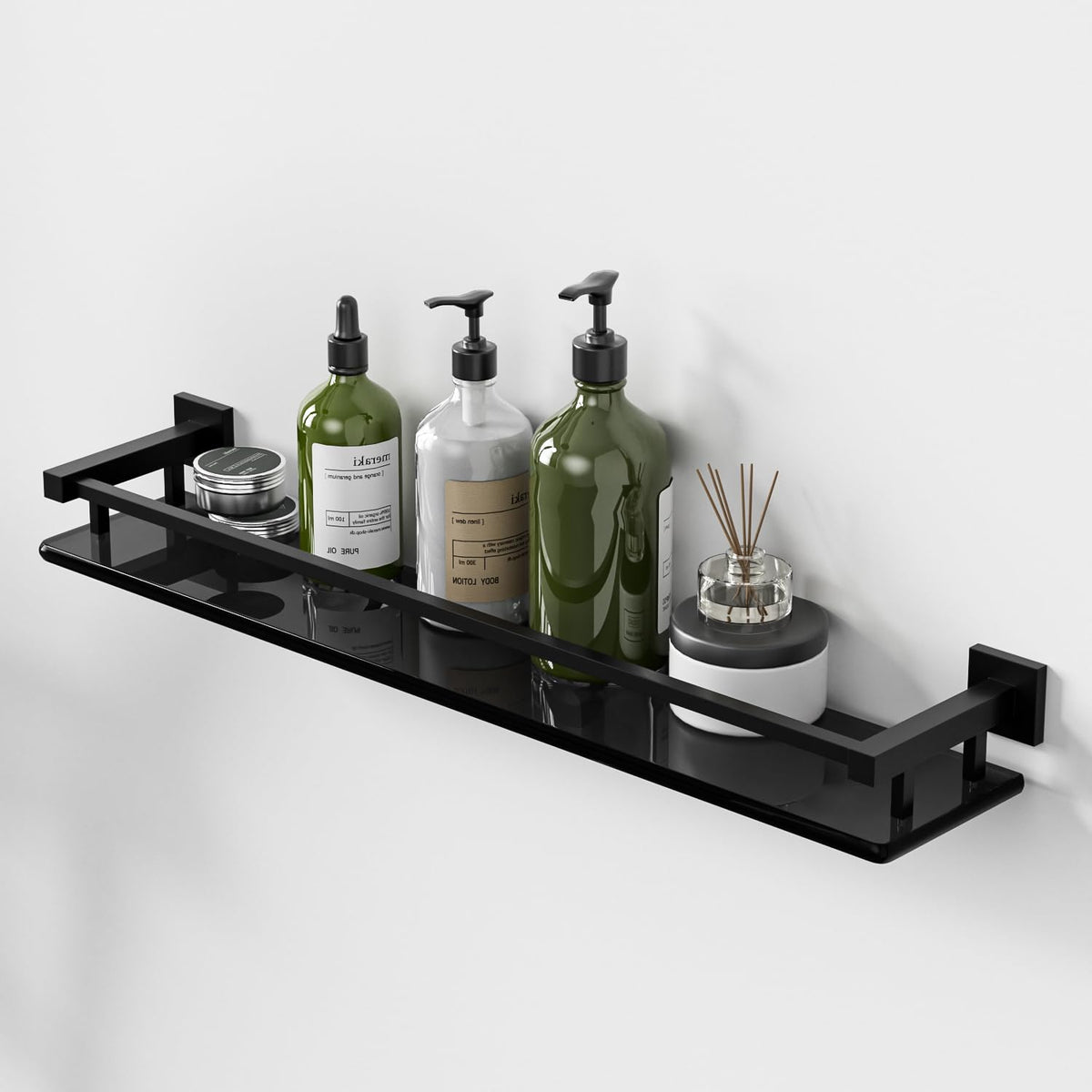 Alise Glass Shelf for Bathroom 16 Inch, Matte Black Floating Glass Shelf