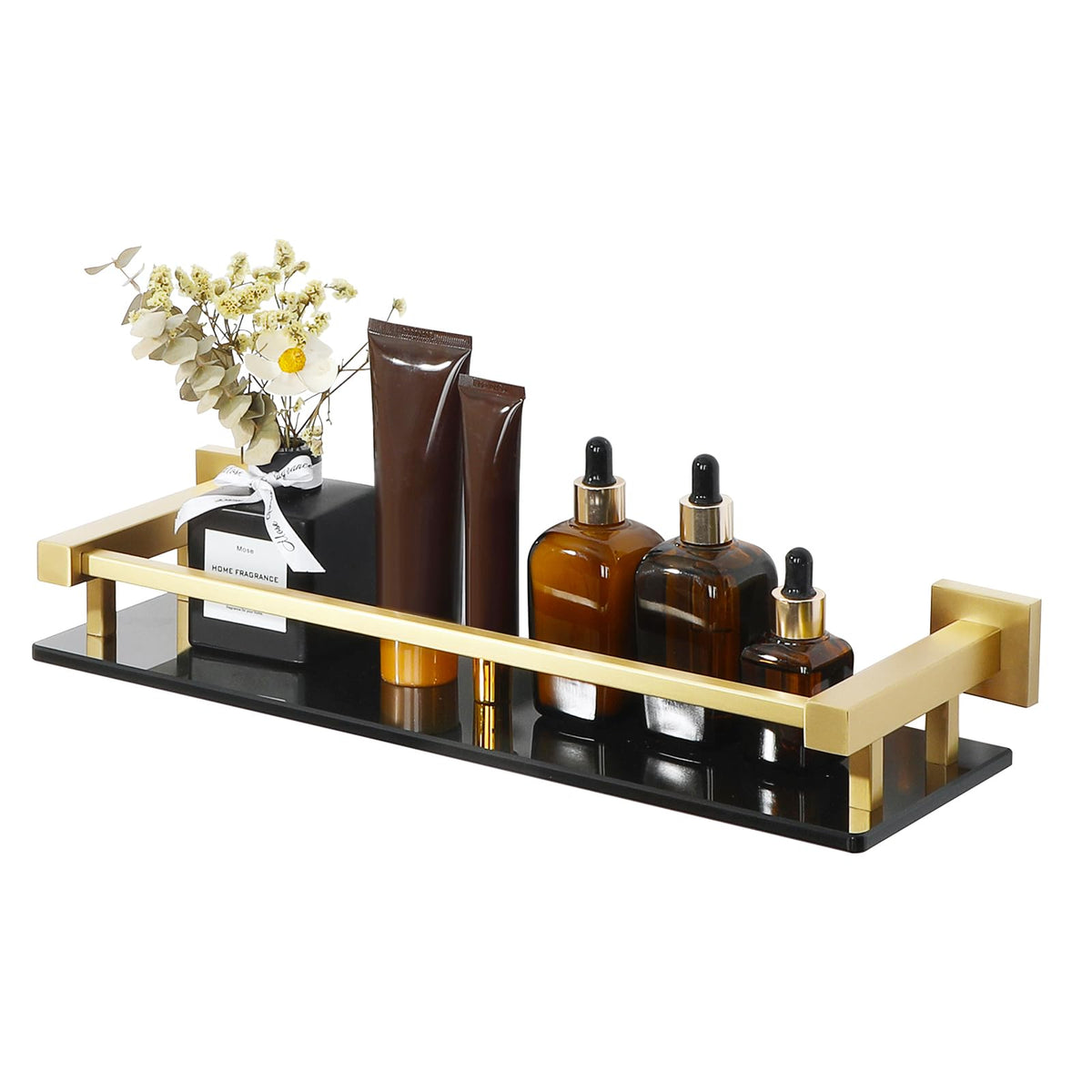 Alise Glass Shelf for Bathroom 16 Inch, Matte Black Floating Glass Shelf