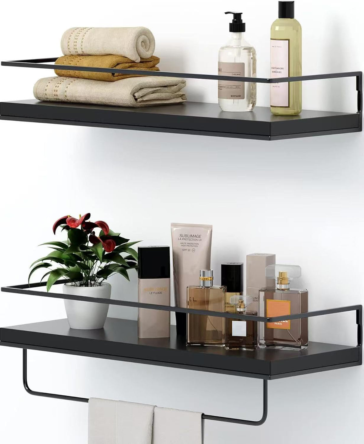 Shario White Floating Shelves - Set of 2, Wall Mounted Hanging Shelves with Golden Towel Rack, Decorative Storage Shelves for Bathroom, Kitchen, Living Room & Bedroom (White Gold, 15.7 Inches)
