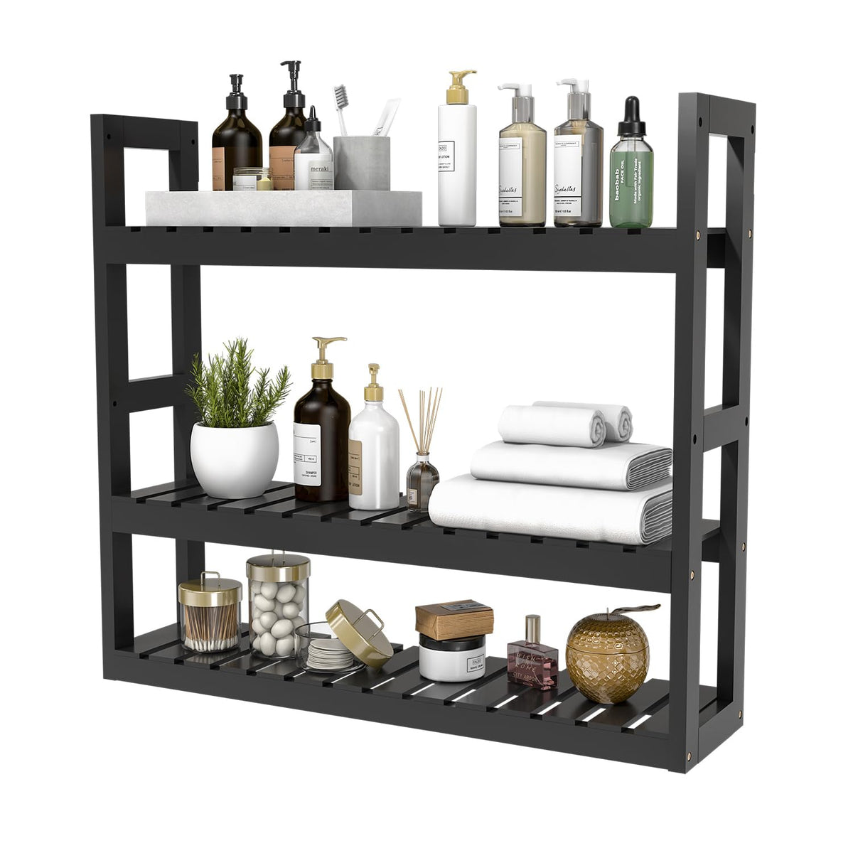 Domax Bathroom Shelves Over Toilet Storage - 3 Tier Wall Mounted Bamboo Bathroom Shelf Organizer Multifunctional Adjustable Layer Free Standing Utility Shelves for Bathroom Living Room Kitchen, White