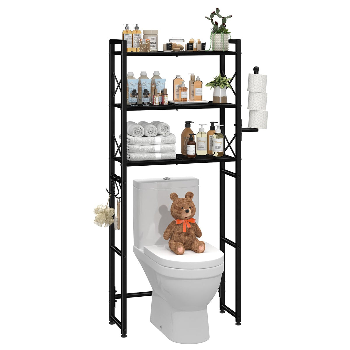 Simple Trending Over The Toilet Storage Rack, Metal 3 Tier Bathroom Organizer Shelf with Paper Holder and 3 Hooks, Freestanding Shelf Space Saver Above Toilet, White