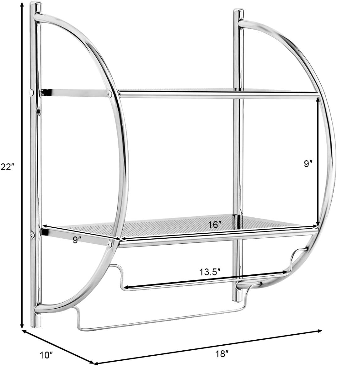 Tangkula Wall Mount 2-Tier Chrome Bathroom Shelf, 18" W x 10" D x 22" H