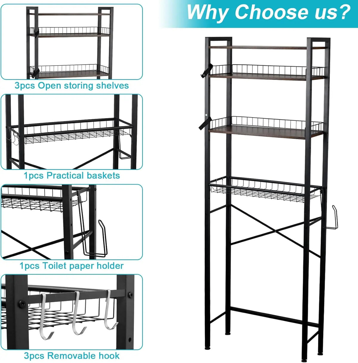 3-Tier/4-Tier Rectangle Over-The-Toilet Space Saver Rack for Apartment, Bathroom Accessory with Adjustable Shelf, Basket, 3 Towel & Toiletry Hooks for Storage Organization, Toilet Storage
