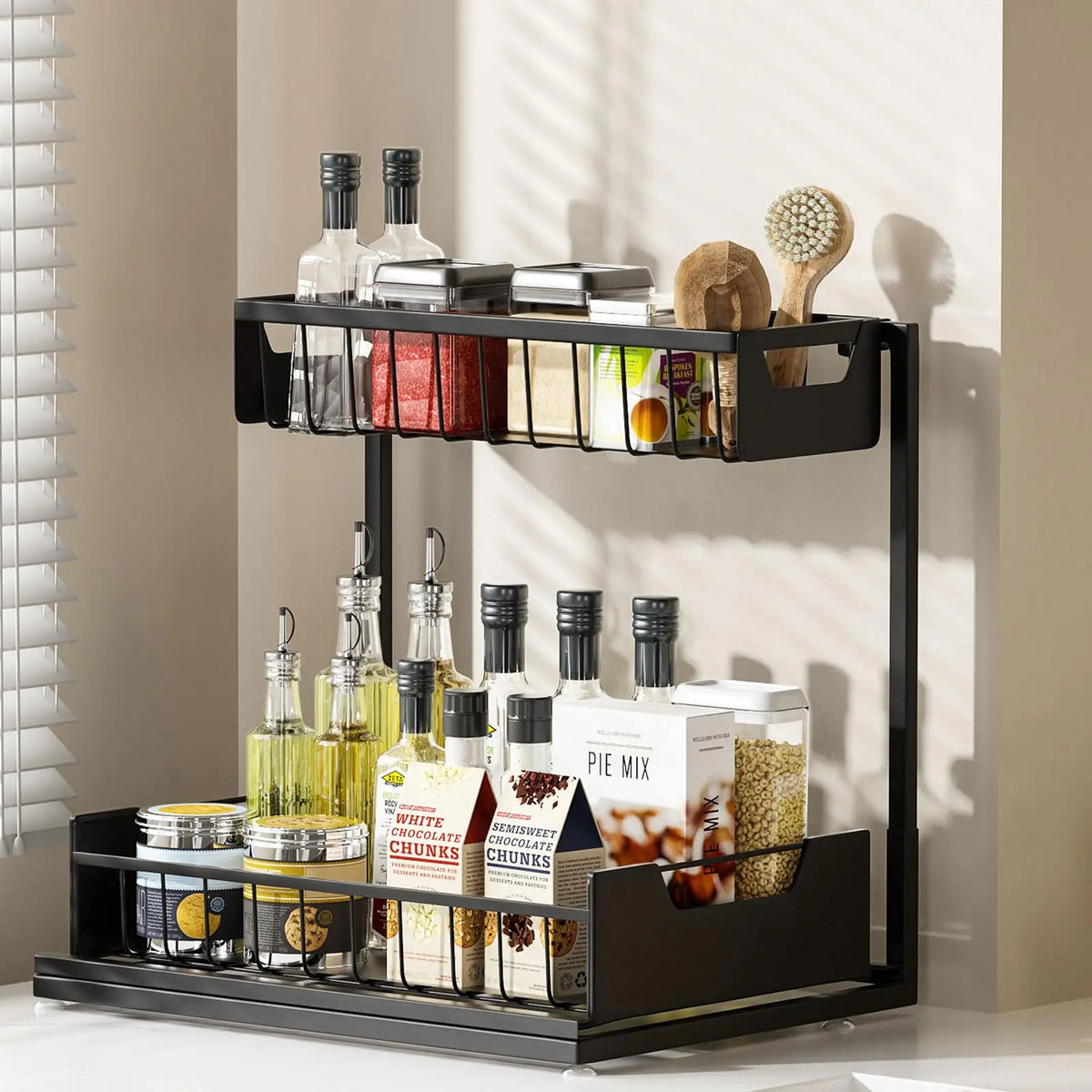 2-Tier L-Shape Steel Pull Out Under Sink Organizer - Anti-Rust, Stable, Tool-Free Slide Out Drawer, 14.2*10.6*11 in, 50 lbs Capacity - For Kitchen Cabinets, Spice Storage, Laundry Room, Bathroom Storage - Ideal Gift for Mothers