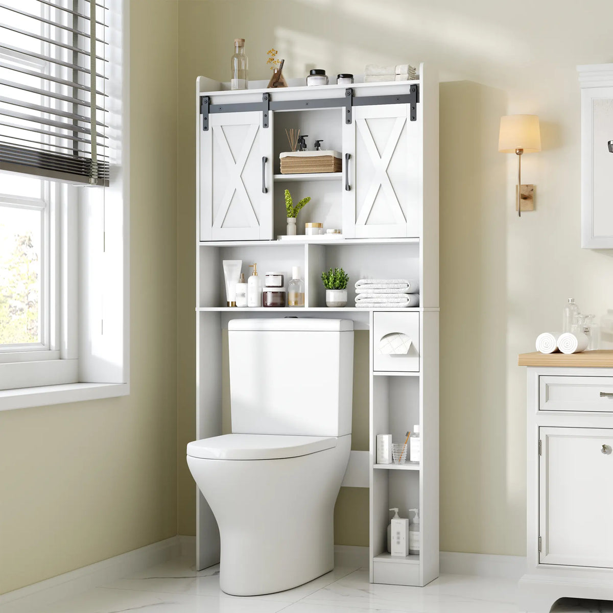 [SohoChic] Vabches Engineered Wood Over-The-Toilet Storage Cabinet - Sliding Barns Doors, Neutral Grain Rectangular Form, Farmhouse Bathroom Space Saver for Bathroom Organization, Small Laundry Room