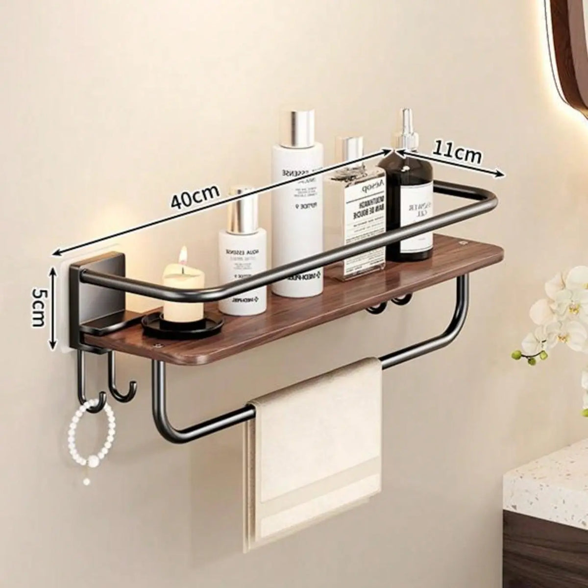 Wall-Mounted Bathroom Shelf, No-Drill Wood Grain Storage Rack, with Hooks for Towels and Toiletries, Space-Saving Organizer