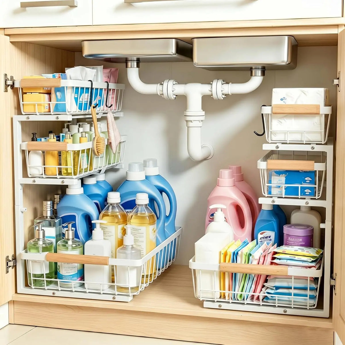 3 Tier Grid Pull Out Under Sink Organizer Black 1 Pack | Heavy duty grid pull out organizer with reinforced structure for storing cleaning supplies under sink and cabinet spaces