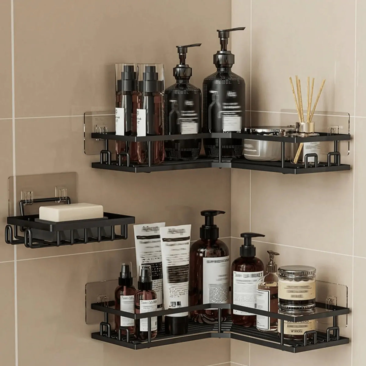 Stainless Steel Shower Caddy Organizer Set (3/5 Pack) - No-Drill Adhesive Wall-Mount Bathroom Accessory Set with Shelves, Soap Holder, Hooks - Rustproof, Durable Home Storage Solution