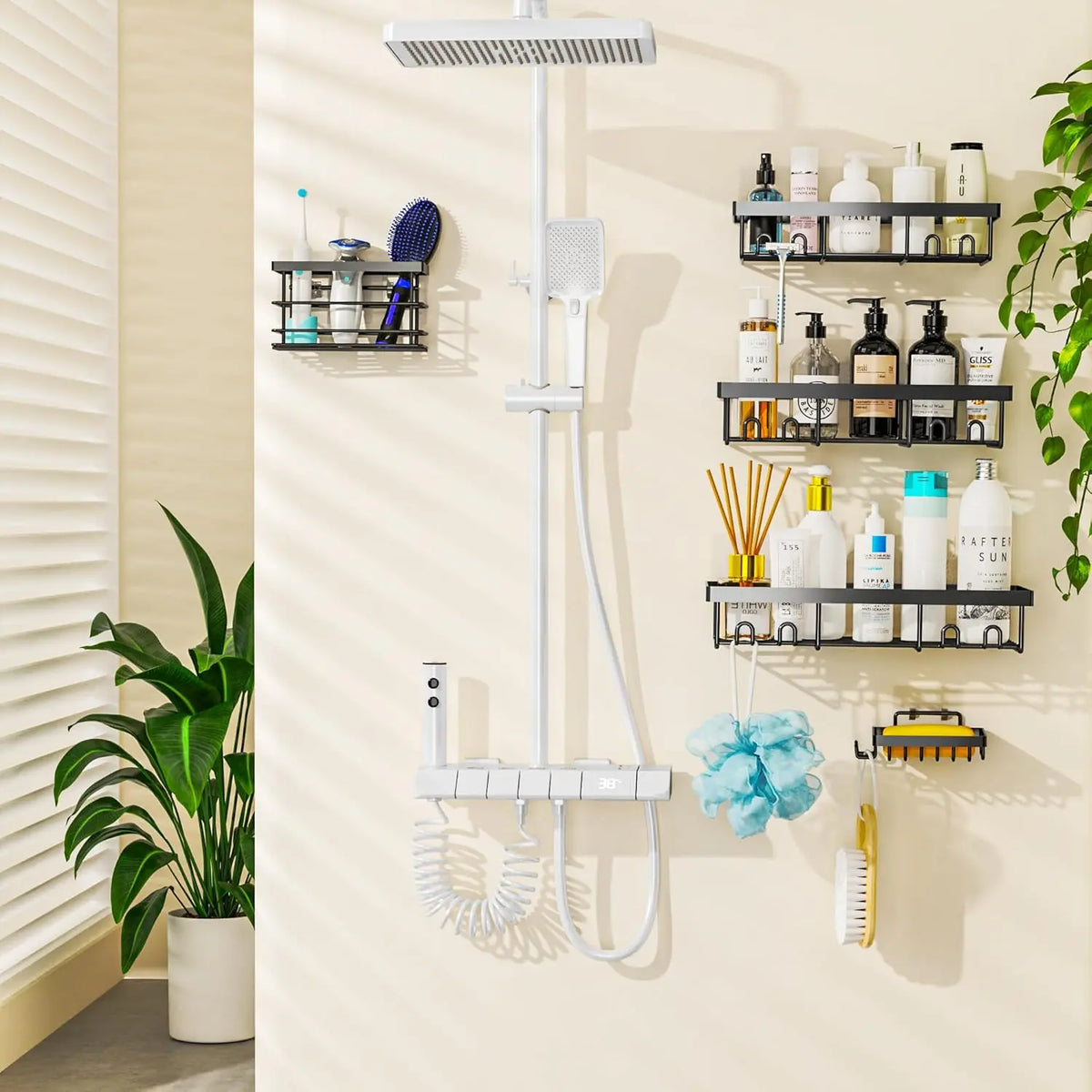 Jabukosu Matte Gold Stainless Steel Bathroom Accessory Sets - 5 & 1 Wall-Mounted Shelf Holders, No-Drill Waterproof Adhesive Organizer Storage for Shampoo, Soap