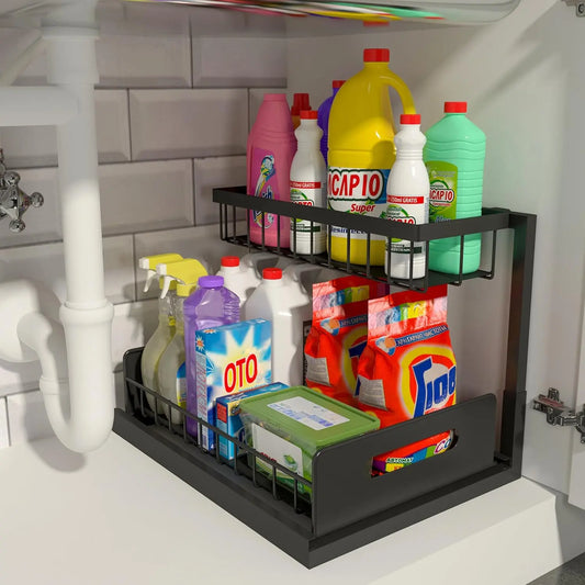 2-Tier L-Shape Steel Pull Out Under Sink Organizer - Anti-Rust, Stable, Tool-Free Slide Out Drawer, 14.2*10.6*11 in, 50 lbs Capacity - For Kitchen Cabinets, Spice Storage, Laundry Room, Bathroom Storage - Ideal Gift for Mothers