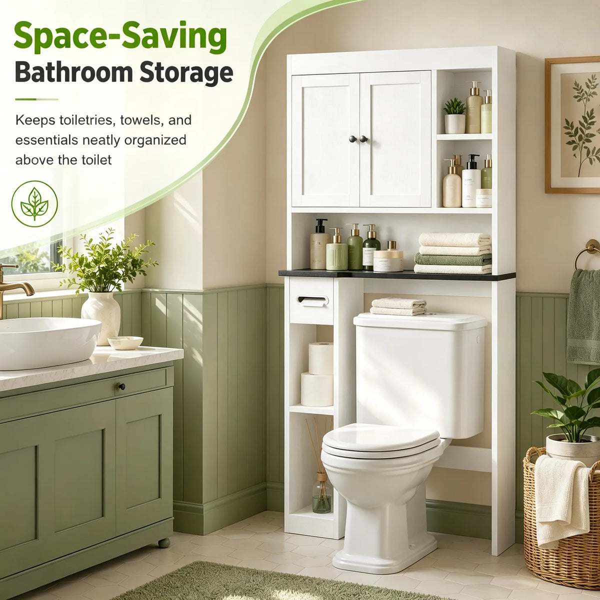 Over-the-Toilet Storage Cabinet, Freestanding Bathroom Organizer with Double Doors, Open Shelves, Adjustable Shelf & Toilet Paper Holder, White