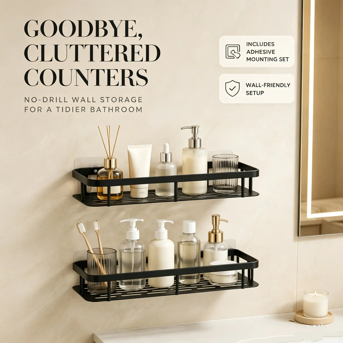 2-Piece Metal Bathroom Organizer Rack, No-Drill Shelf, Wall-Mounted Durable Shower Organizer Storage for Bathrooms, Kitchens, Cosmetics, Gifts